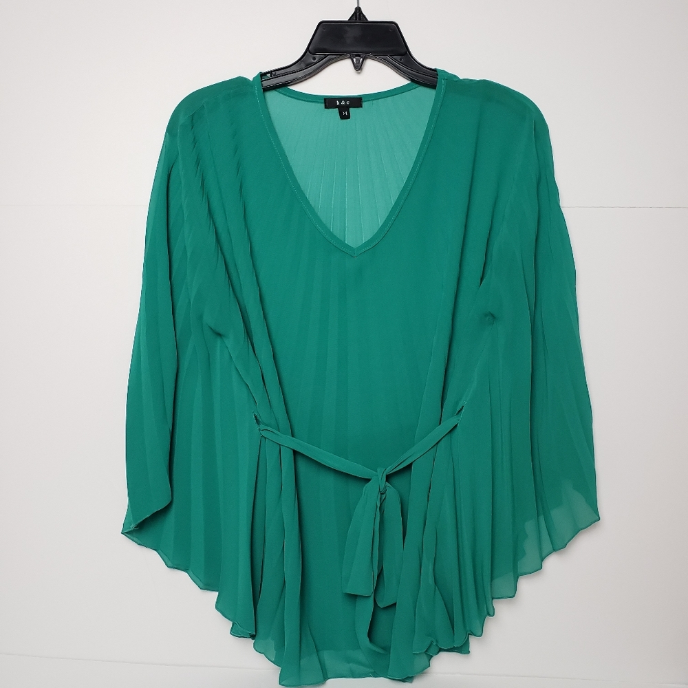 K&C Women's Sheer Green Blouse Butterfly Sleeves V-neck Medium
